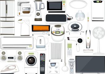 家庭用の電気製品　生活家電のイラストセット