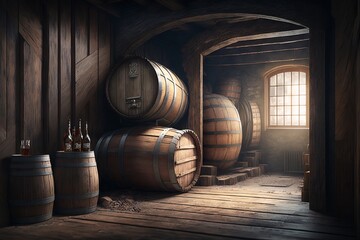 Wooden barrels with beer in the old cellar. Generative AI
