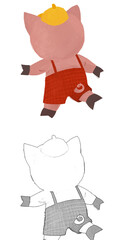 cartoon scene with farmer funnt pig rancher isolated illustration for children sketch