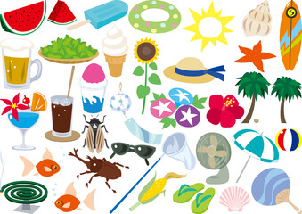 夏のアイテム　シンプルでフラットなイラストのセット