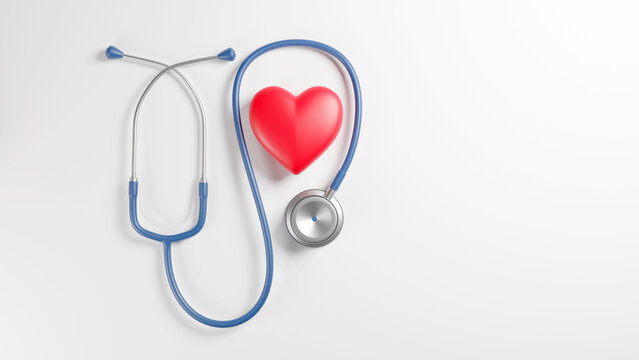 Red heart and a stethoscope on desk, top vew, 3D rendering