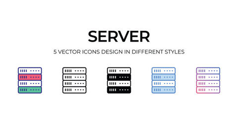 server Icon Design in Five style with Editable Stroke. Line, Solid, Flat Line, Duo Tone Color, and Color Gradient Line. Suitable for Web Page, Mobile App, UI, UX and GUI design.