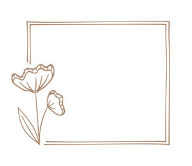 Botanical square frame. Hand drawn line border, leaves and flowers, wedding invitation cards, logo design, posters template. Elegant minimal style