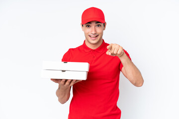 Pizza delivery caucasian man with work uniform picking up pizza boxes isolated on white background...