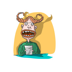 Funny cartoon newsreader at desk in TV news studio . Flat vector illustration isolated on white background.