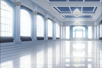 Large emty solid white room like as ballroom or dance-hall. Generative AI illustration. - obrazy, fototapety, plakaty