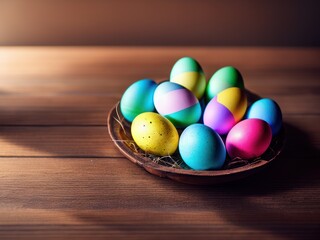 Fototapeta na wymiar Colourful Eastereggs on a Table, Generative AI 