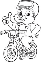 A cute teddy rides a bike, black and white drawing