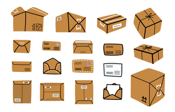 Set of different mail post letter envelopes and delivery parcel boxes isolated on white. Doodle style hand drawn craft paper postal envelopes open and closed, brown transportation parcel packages.
