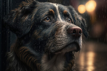 lonely sad stray dog on street at night in rain. Generative AI