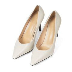 White women's classic shoes with a sharp toe with thin heels on a white background