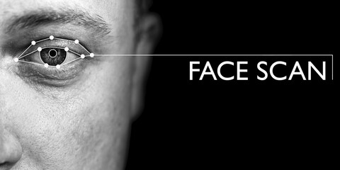 Männergesicht zum Thema Augenscanner und Gesichtsscanner als moderene Form der...
