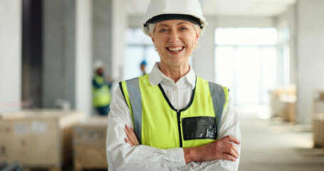 Senior woman, architect and smile with arms crossed in success for industrial architecture or...
