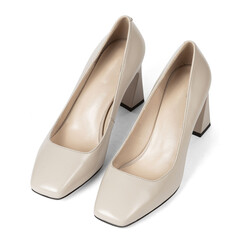 Beige women's classic comfortable shoes with a blunt toe with a wide heel on a white background