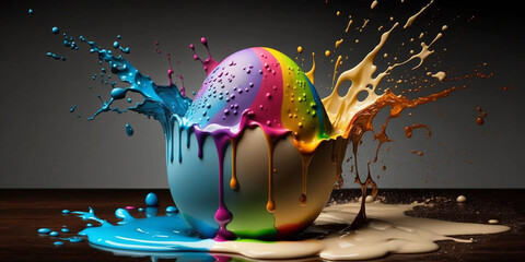 Colorful paint explosion on an Easter egg, showcasing a blend of tradition and contemporary art.