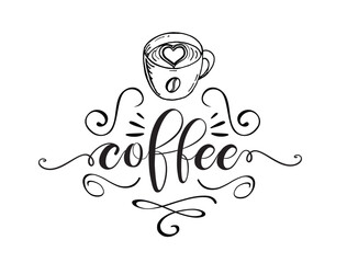 Coffee. Vector logo word. Design for poster, flyer, banner, menu cafe. Hand drawn calligraphy text. Typography coffee logo. Signboard icon coffee. Black and white illustration with cup.