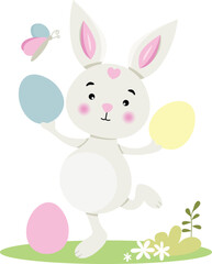 Obraz na płótnie Canvas Adorable bunny with Easter eggs and butterfly