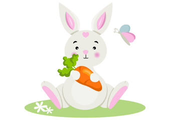 Cute bunny holding a carrot in the garden