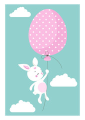 Cute illustration with funny bunny flying with easter egg balloon