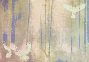 Obraz na płótnie Canvas 古い布の質感・白い鳩のいる明るい森のイラスト（グレイッシュブルー）