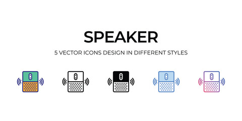 speaker Icon Design in Five style with Editable Stroke. Line, Solid, Flat Line, Duo Tone Color, and Color Gradient Line. Suitable for Web Page, Mobile App, UI, UX and GUI design.