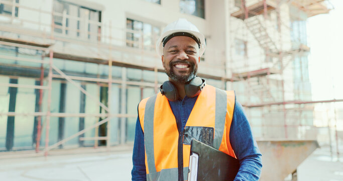 Construction, black man and clipboard, building and inspection, manage work at job site, construction worker and inspector smile in portrait. Engineer, builder and scaffolding for renovation.