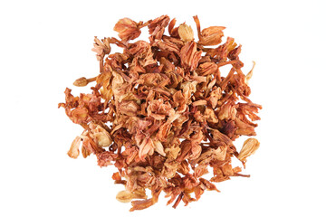 Overhead view of dried jasmine blossoms (Jasminum officinale), isolated on white background