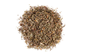 Overhead view of dried labdanum (Cistus), isolated on white background