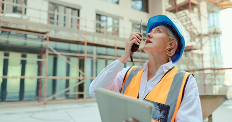 Construction worker, call or architect woman with tablet for networking, communication or planning...