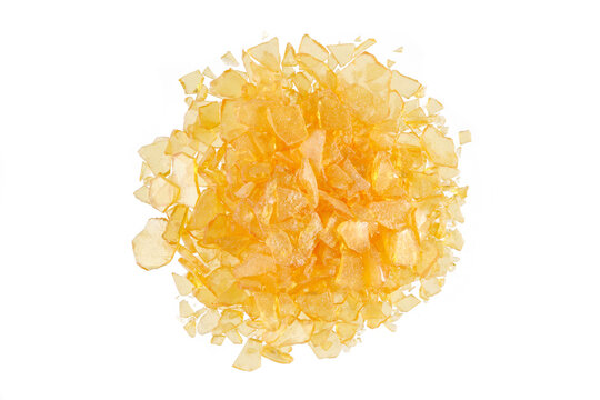 Overhead view of pine resin (Pinus sylvestris), also called colophony (Colophonium) or rosin, a tree resin, isolated on white background