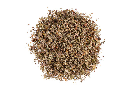 Overhead view of dried labdanum (Cistus), isolated on white background