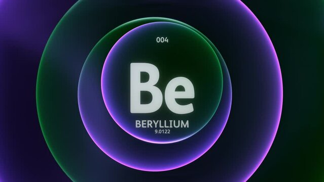Beryllium as Element 4 of the Periodic Table. Concept animation on abstract green purple gradient rings seamless loop background. Title design for science content and infographic showcase backdrop.