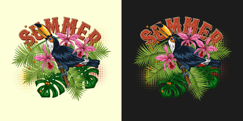 Label with toucan bird, tropical foliage, orchid, halftone shapes, text Summer. Bird sitting on tree branch and eating seeds. Detailed illustration for prints, clothing, t shirt design