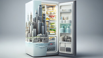 Open fridge full of food. 3d illustration. Toned image.