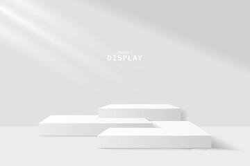 empty room with set of realistic white 3d rectangular podium cube or product display stand. Scene for showing or promoting products. 3d vector rendering.