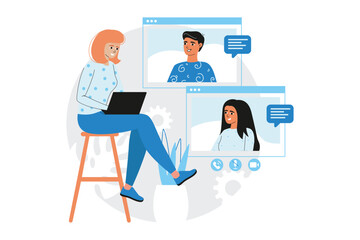 Video conference blue concept with people scene in the flat cartoon style. Director gathered all employees on a video conference to discuss work issues. Vector illustration.