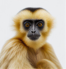 Fototapeta premium Adult Yellow Cheeked Gibbon portrait isolated on a white background. Generative AI. 