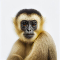 Fototapeta premium Adult Yellow Cheeked Gibbon portrait isolated on a white background. Generative AI. 