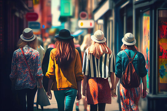 Group Of Friends Walking On A City Sidewalk Exploring The Streets. - Generative AI