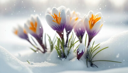 Beautiful Crocus Emerging from Snow at the edge of a forest on a bright Spring sunny day. Call For spring- Spring its here Generative AI