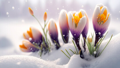 Beautiful Crocus Emerging from Snow at the edge of a forest on a bright Spring sunny day. Call For spring- Spring its here Generative AI