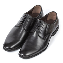 Black leather men's classic boots with thin black laces with thin heels on a white background