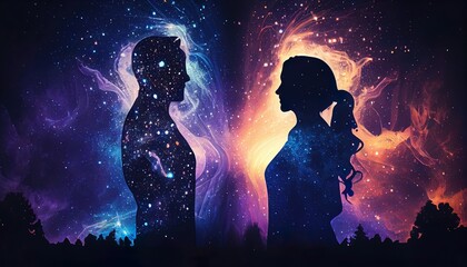 Fototapeta na wymiar Man and woman silhouettes at abstract cosmic background. Human souls couple in love. Astral body, esoteric and spiritual life concept