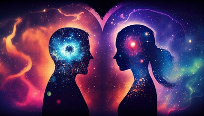Man and woman silhouettes at abstract cosmic background. Human souls couple in love. Astral body, esoteric and spiritual life concept