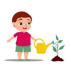 a cute little boy is watering a plant. farmer, gardener. vector