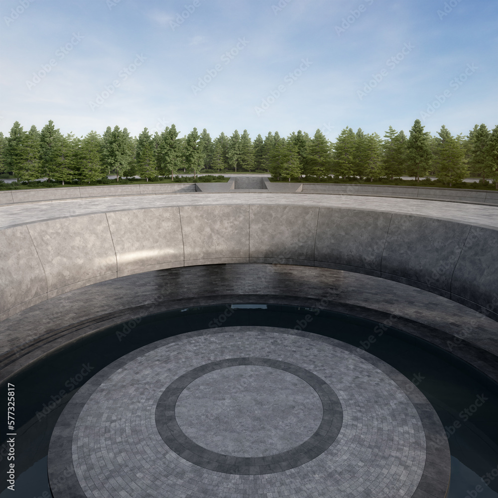 Poster empty curved concrete floor with water pool. 3d rendering of abstract space with blue sky background