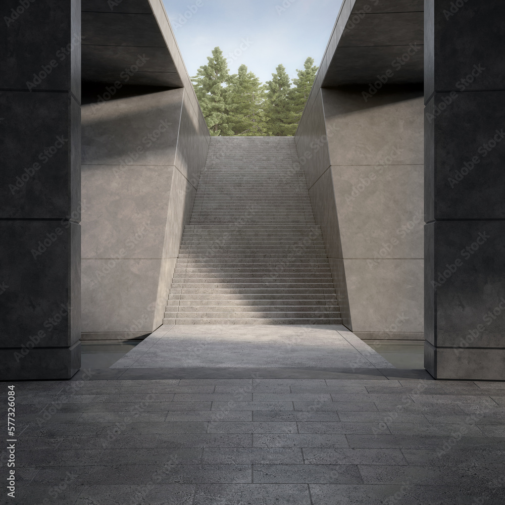 Poster empty curved concrete floor with water pool. 3d rendering of abstract space with blue sky background