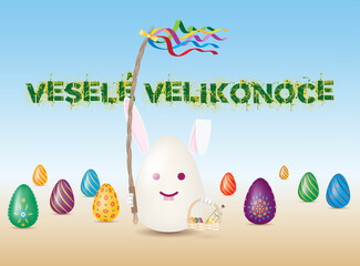 Easter Bunny in the shape of an egg bearing traditional Czech Easter symbols, pomlázka and a basket with painted eggs and eggnog. Easter card, no ai.