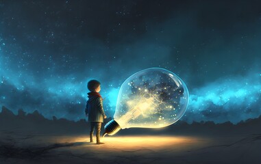 boy pulled the big bulb half buried in the ground against night sky with stars and space dust, digital art style, illustraation painting, Generative AI