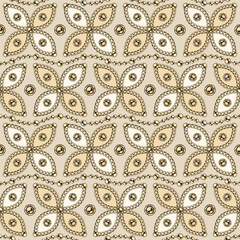 Seamless geometric pattern with abstract shapes like flower, gold chains, beads, buttons. Vector illustration in vintage style